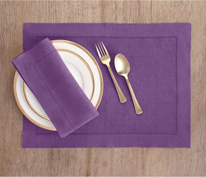 Solino Home Purple Linen Napkins Set of 6-100% Pure Linen Hemstitch Dinner Napkins 20 x 20 Inch for Valentines, Spring, Easter - Classic Hemstitch