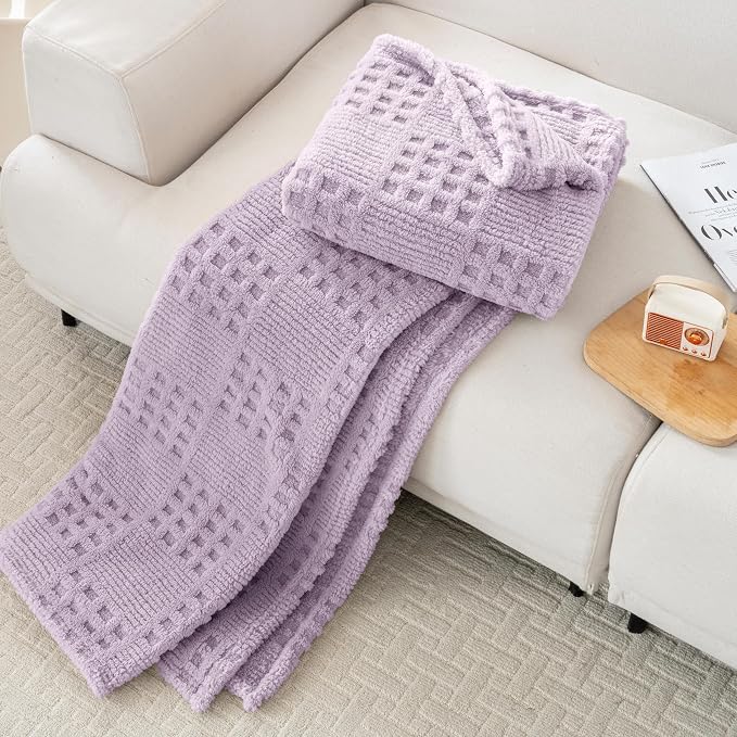 50x70 Inch Waffle Purple Throw Blanket -Fluffy Fleece, Neutral Tan Color, Cute & Aesthetic, Perfect for Sofa, Couch, Chair, Bed, Living Room & Bedroom, All-Season Use, Plush & Cozy Decorative Blanket
