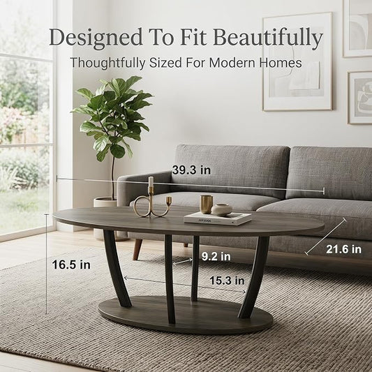 Manora Rustic Small Oval Coffee Table for Living Room, Narrow Wood Center Table with Shelf, Retro Style Coffee Table with Curved Metal Legs, Stable and Easy Assembly, Gray