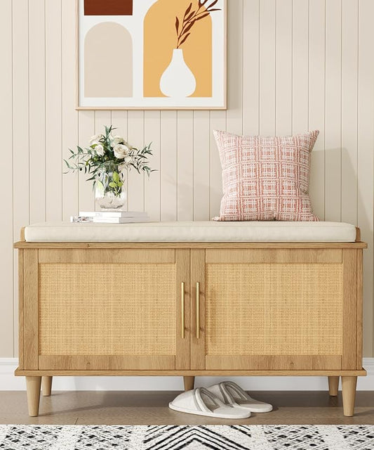 Akxomel Rattan Shoe Storage Bench with Cushion, 2-Tier Entryway Bench with Adjustable Shelves and 2 Doors, 15" D x 39.4" W x 20" H, Solid Wood Legs, for Hallway, Living Room, Bedroom, Natural Oak