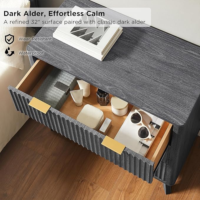 T4TREAM Fluted 3 Drawers Nightstand Set of 2, Oversized Extra Large Modern Side Table, End Table Bedside for Bedroom, Living Room, Curved Profile Design, Dark Alder