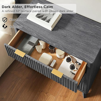 T4TREAM Fluted 3 Drawers Nightstand, Oversized Extra Large Modern Side Table, End Table Bedside for Bedroom, Living Room, Curved Profile Design, Dark Alder
