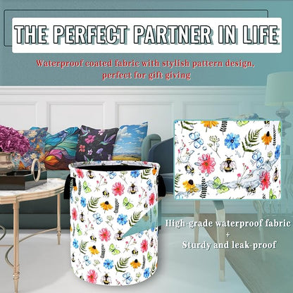 Cute Bee Floral Flowers Laundry Basket Foldable With Handles BeesTote Bag Oxford Cloth Colorful Laundry Hamper Clothes Storage Bucket Toy Organizer 18.9"x16.5" For Bathroom/Laundry/Bedroom