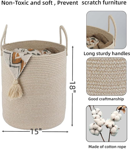 XUANGUO Cotton Rope Laundry Basket Hamper for Clothes Woven Storage Basket for Living Room Bedroom Boho Tall Rope Baskets for Blanket Toys Pillow Towels Baby Nursery Hamper Bin oatmeal