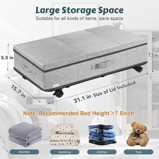 Supowin Under Bed Storage with Wheels, Rolling Underbed Storage Containers with Lids, Under Bed Shoe Storage Bins Organizer with Reinforced Metal Bottom Support and Three Handles