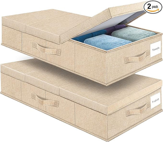 Supowin Underbed Storage Containers Bin with Lids (Set of 2) Large Under Bed Storage Organizer Box with Handle, Foldable Under the Storage Bags for Organizing Clothes, Shoes, Blankets, Pillows-Khaki