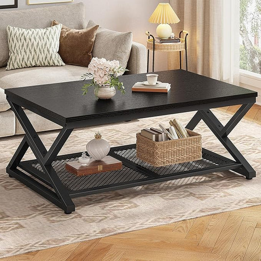 EnHomee Black Coffee Table with Storage, Modern Coffee Tables with Mesh Shelf, 2 Tier Minimalist Industrial Center Table for Living Room, Office, 39.4 Inch, Black Oak