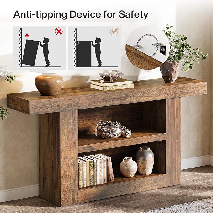 Tribesigns 63-Inch Console Table with Storage, 3-Tier Farmhouse Entryway Table with U-Shaped Base, Wooden Sofa Table Behind The Couch for Entrance, Hallway, Living Room Foyer, Brown
