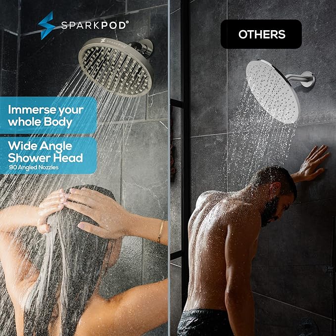 SparkPod Rain Shower Head, 8 Inch Round | High Pressure Shower Heads, 90 Nozzle (Touch-to-Clean), Adjustable Showerhead, No-tool Universal Connection