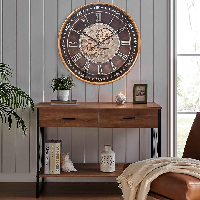 CLXEAST 24 Inch Wall Clock with Moving Gears,Oversized Large Industrial Steampunk Style, Antique Gold Metal Roman Numeral Wall Clocks for Farmhouse Living Room Decor