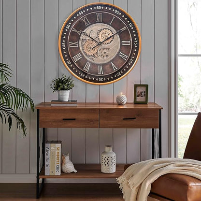 CLXEAST 24 Inch Wall Clock with Moving Gears,Oversized Large Industrial Steampunk Style, Antique Gold Metal Roman Numeral Wall Clocks for Farmhouse Living Room Decor