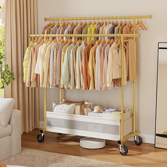 Clothes Rack, Clothing Racks for hanging clothes, Rolling clothes rack with Storage Basket & Heavy Duty Wheels, Double rods clothing rack for Bedroom, Laundry Room, Gold
