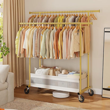 Clothes Rack, Clothing Racks for hanging clothes, Rolling clothes rack with Storage Basket & Heavy Duty Wheels, Double rods clothing rack for Bedroom, Laundry Room, Gold
