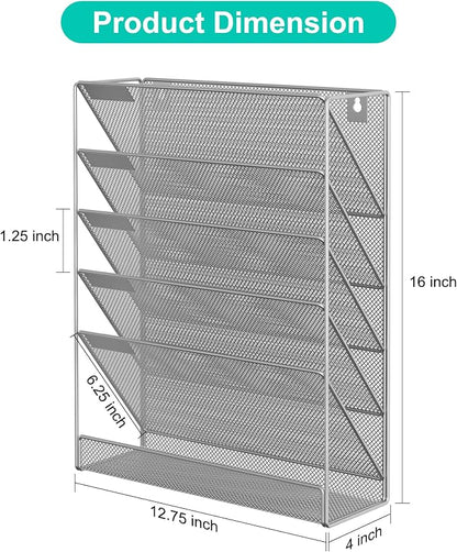 EasyPAG 5 Tier Wall File Holder, Mesh Hanging Folder Organizer with Classify Label, Versatile Desk File Holder, Vertical Wall Mounted Mail Organizer for Office Home Cubicle, Silver