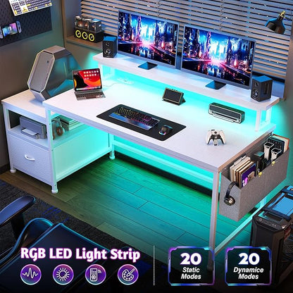 Computer Desk with Drawers,Office Desk with Printer Shelf & Monitor Stand,Gaming Desk with Power Outlets & LED Lights,Corner Table with Side Storage Bag, White