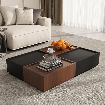 Coffee Table with Storage,Modern Center Table with 4 Hidden Drawers for Living Room,Rectangle Coffee Table for Home Furniture,Bedroom,Dark Walnut and Black