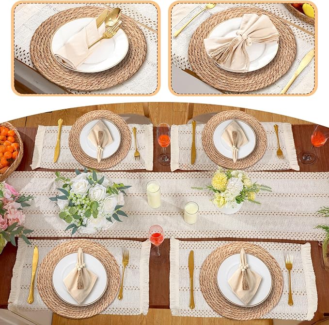 4 Sets Boho Decoration Placemats Round Woven Placemats, Cloth Napkins, Wood Bead Napkin Rings, Long Table Runner and Farmhouse Burlap Cotton for Table Kitchen (White,12x72)