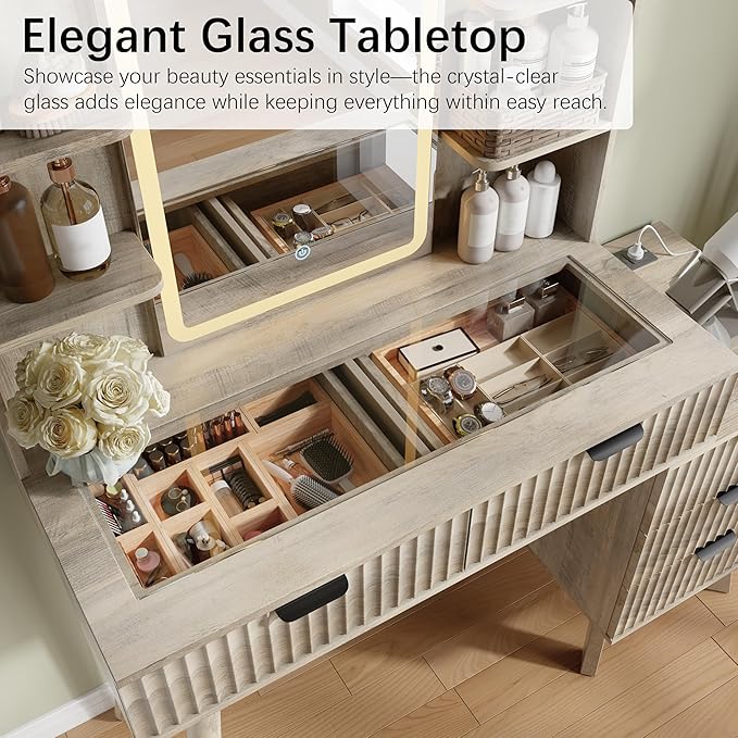 42'' Fluted Makeup Vanity Desk with LED Lights Mirror & Charging Station, Modern Glass Top Vanity Table with 5 Drawers & Open Shelves, Dressing Table for Bedroom, Living Room (Grey, 5 Drawers)