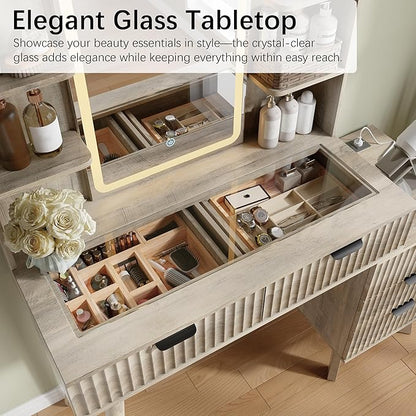 42'' Fluted Makeup Vanity Desk with LED Lights Mirror & Charging Station, Modern Glass Top Vanity Table with 5 Drawers & Open Shelves, Dressing Table for Bedroom, Living Room (Grey, 5 Drawers)