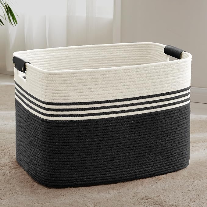 SunNewt 100L Extra Large Laundry Basket with Leather Handles for Living Room Storage, Woven Rope Baskets for Blanket, Kids Toy, Gifts, Wicker Hamper for Bedroom Dirty Clothes, 24"x16"x16" White Black
