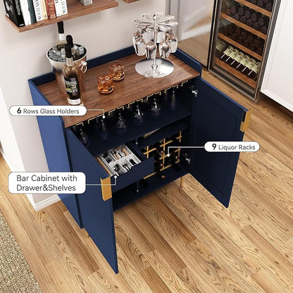 ARTPOWER Sideboard Buffet Cabinet with Fluted Texture, Modern Coffee Bar Cabinet with Wine Rack&Drawers, Blue Liquor Cabinet for Kitchen Dining Room, Living Room