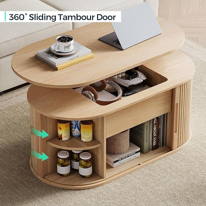 LINSY Lift Top Coffee Table, Oval Fluted Coffee Table with Storage, Boho Wooden Coffee Tables with Sliding Tambour Door, 39" Center Table for Living Room, Office, Small Space, Natural Oak