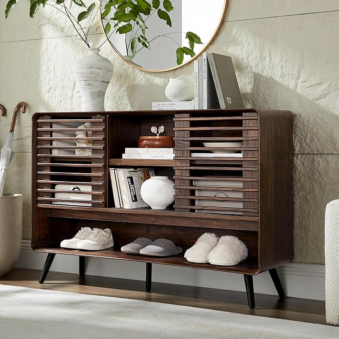 OKD Entryway Table with Sliding Slatted Door, 46" Mid Century Modern Wood Console Table w/Adjustable & Open Storage Shelf, Sofa Table Behind Couch for Hallway, Foyer, Living Room, Dark Walnut