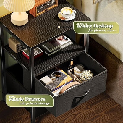 Huuger Night Stand with 2 Drawers, Bed Side Table with Open Shelf, Wooden Top, Nightstand for Bedroom, End Table for Small Space, Fabric Drawer, Black