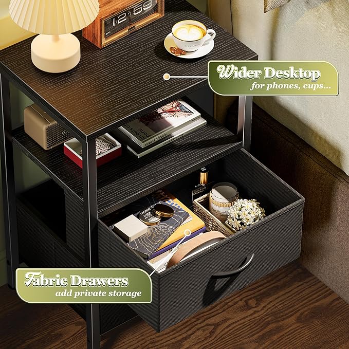 Huuger Night Stand Set of 2, Nightstand with 2 Drawers, Bed Side Table with Open Shelf, Wooden Top, End Table, Fabric Drawer, for Bedroom, Black