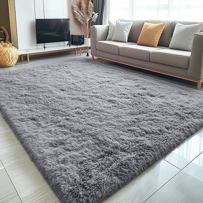 OLANLY 7x8 Machine Washable Large Area Rugs for Living Room, Bedroom, Soft Fluffy Shaggy Bedside Rug, Indoor Floor Carpet for Kids Girls and Boys, Dorms, Nursery, Home Decor Aesthetic, Light Grey