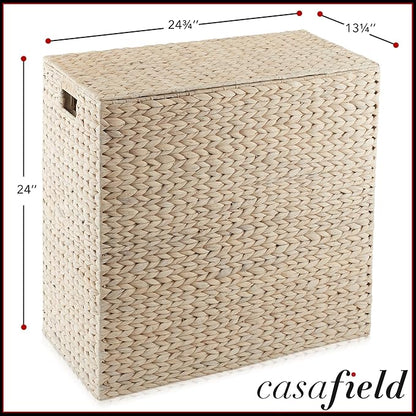 Casafield 2-Section Laundry Hamper with Removable Liner Bags - Whitewash, Woven Water Hyacinth Double Laundry Basket Sorter for Clothes and Towels