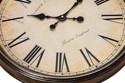 Bernhard Products Large Decorative Wall Clock 20 Inch Silent Non Ticking Battery Operated Quartz Vintage Stylish with Rustic Dark Brown Rim for Home Living/Dining Room Kitchen & Over Fireplace