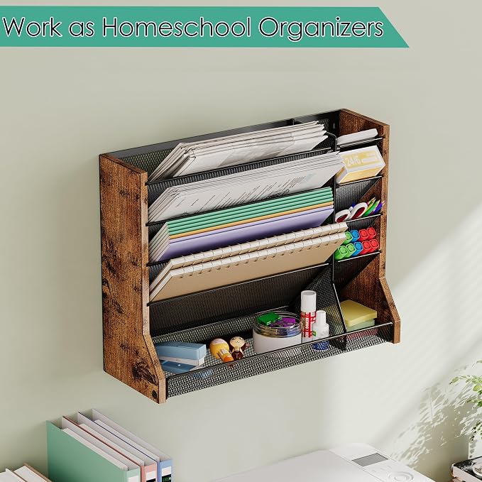 Jakyitvi Wall Desk File Organizer 5 Tiers, Ironwood Hanging File Organizer with R-shaped Tray, Wall File Holder for Office Home, 4 Pull-Out Divider and Pen Slots to Sort File,Mail,Newspaper,Pen, Brown