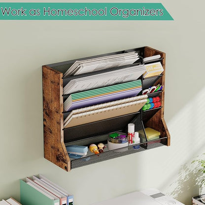 Jakyitvi Wall Desk File Organizer 5 Tiers, Ironwood Hanging File Organizer with R-shaped Tray, Wall File Holder for Office Home, 4 Pull-Out Divider and Pen Slots to Sort File,Mail,Newspaper,Pen, Brown