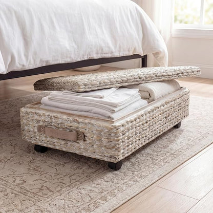 happimess BSK1006C 26.38" Chett Minimalist Hand-Woven Hyacinth/Wood Underbed Storage Bin with Wheels and Handles for Storage and Decoration in Bathroom, Bedroom, Closet,Entryway,Guest Room, White Wash