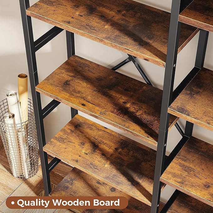SUPERJARE Triple Bookshelf, Bookcase with 11 Open Display Shelves, Wide Book Shelf Book Case for Home & Office, 5 Tier, Rustic Brown