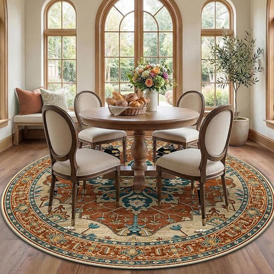 RELEANY Area Rugs Round 7ft Washable Non-Slip, Floral Vintage Distress Medallion Carpet for Living Room Bedroom Dining Room, Red Orange Blue Brown