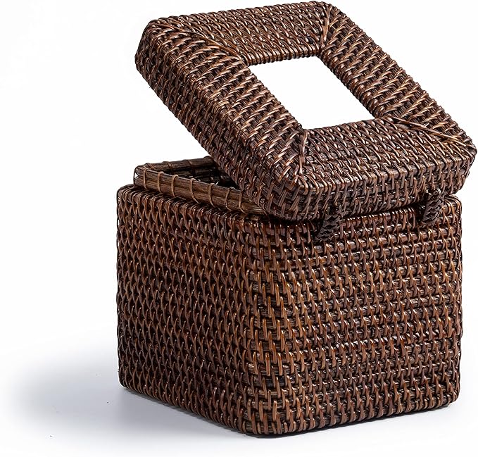 Rattan Square Tissue Box Cover- 5.7" x 5.7" x 5"-Decorative Woven Facial Tissue Holder with Hinged Top Lid- Facial Box for Home, Office,Bathrooms, Decoration (Coffee)