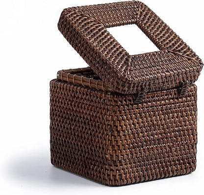 Rattan Square Tissue Box Cover- 5.7" x 5.7" x 5"-Decorative Woven Facial Tissue Holder with Hinged Top Lid- Facial Box for Home, Office,Bathrooms, Decoration (Coffee)