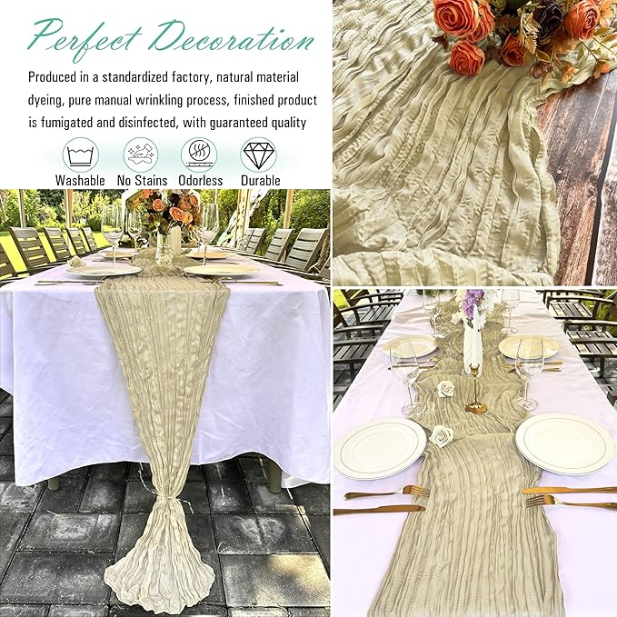 8 Pack Champagne Cheesecloth Table Runner 22 x 108 inch Cream Gauze Cheese Cloth Table Runner Bulk for Rustic Wedding Baby Shower Birthday Party Boho Table Decor