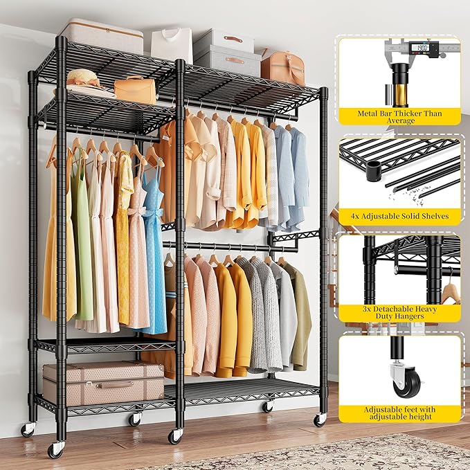 Raybee 79" H Clothes Rack Heavy Duty with Wheels, Clothing Rack for Hanging Clothes Rolling Portable Closet, 45" Wx17 Dx79 H,Black