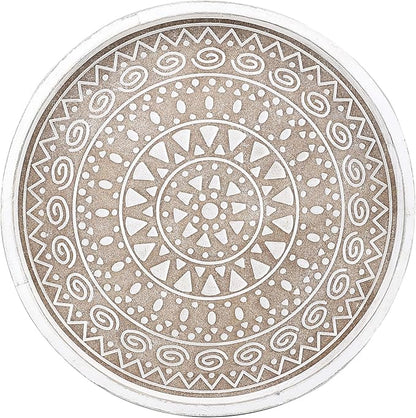 Hrastany Boho Round Wooden Decorative Tray, White Farmhouse Candles Tray for Home Decor, A Pattern