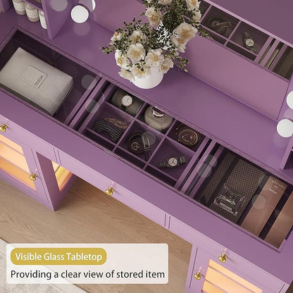 Makeup Vanity Desk with Mirror and Lights, Glass Top Vanity Table Set with Drawers & Power Outlet, Large Dressing Table with 3 Color Lighting Modes & RGB Cabinets for Women Girls Kids Bedroom, Purple
