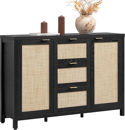 SICOTAS Rattan Sideboard Buffet Coffee Bar Cabinet with Storage - 52" Larger Farmhouse Credenza Storage Cabinet with 3 Drawers and 2 Doors, Boho Console Table for Living Room, Kitchen, Black Oak