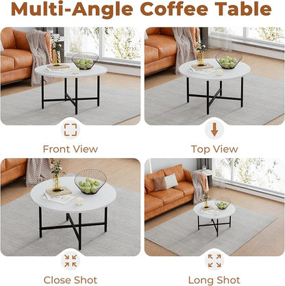 FAMIDGE Coffee Table, 23.6" Coffee Tables for Living Room, Round Coffee Table with Metal Frame, Floor Table for Sitting on The Floor, Home, Office, White