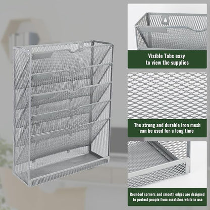 EASEPRES 6 Tier Mesh Hanging Wall File Organizer, Desk Vertical Mail Paper Document Folder Holder Rack with Bottom Tray and Nametag Label for Office Home School, Gray