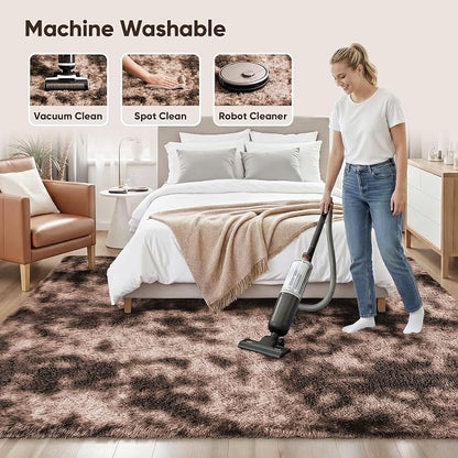 Area Rug for Living Room Bedroom: 4x6 Soft Fluffy Shag Upgrade Non-Slip High Pile Carpet Large Fuzzy Plush Indoor Floor Decor Shaggy Coffe Tie-Dyed Rug for Kid Boys Girls Playroom Nursery Modern Home