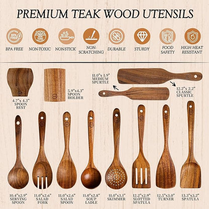 SOOMGYEOL SEOM 12-Piece Teak Wood Cooking Utensil Set | Wooden Spoons, Spurtles and Spatulas, Holder and Spoon Rest Included, Nonstick Safe Kitchen Tools