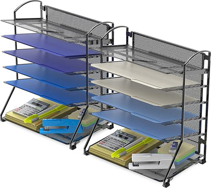 Simple Houseware 6-Tier Sliding File Organizer, Desk Letter Tray for Document and Mail Sorting, Black, 2 Packs
