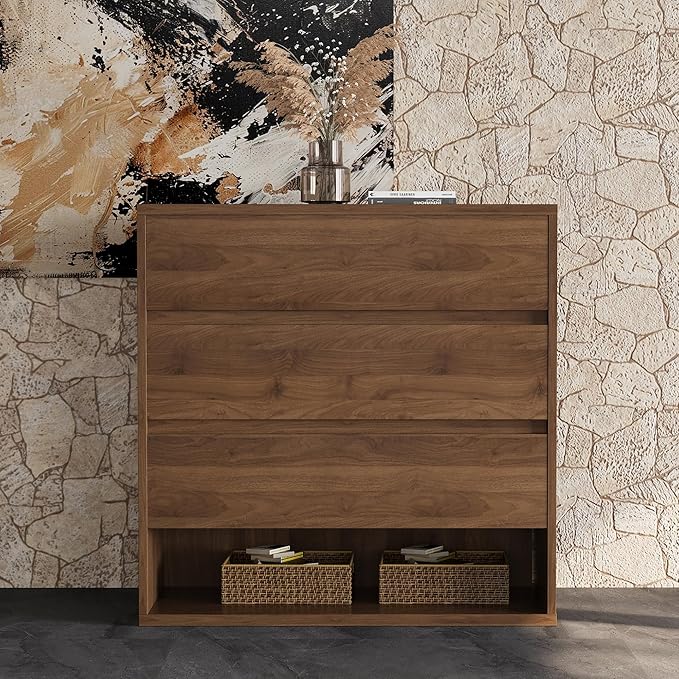 29.52" Mid Century Modern Nightstand, 3-Drawer Bedside Table with Open Shelf, Walnut Brown, Bedroom Dresser and Living Room Storage Cabinet for Small Apartment or Entryway